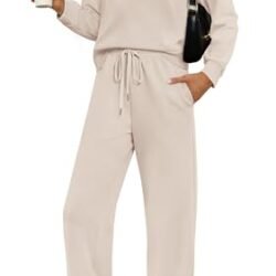 Casual Two Piece Sets for Women - Mock Neck Top and Wide Leg Pants