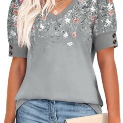 OFEEFAN Womens Tops Short Sleeve Shirts Buttons V Neck Spring Fashion Summer Outfits Plus Size Blouses Dressy Casual