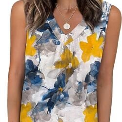 OFEEFAN Tank Top for Women Loose Fit Sleeveless Shirts V Neck Summer Clothes Ruched Women's Tees and Tanks Curved Hem