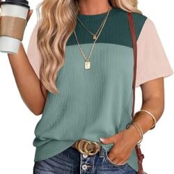 Womens Fashion 2026 Color Block Shirts Short Sleeve Crewneck Knitted Spring Summer Tops Casual Trendy