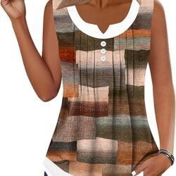Womens Summer Tops Casual Scoop Neck Button Pleated Sleeveless Shirts Loose Fit Trendy Blouses