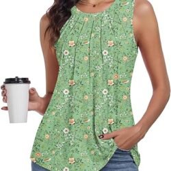 syoss Women's Summer Tank Tops Pleated Round Neck Sleeveless Trendy Tops for Women Dressy Casual